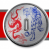 Circular icon with red and blue dragon motifs on a gray background, bordered by red side elements.