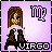 Pixel art of a woman with long brown hair in a white top and dark jacket, standing beside the Virgo zodiac symbol on a purple background.