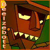 Pixelated cartoon robot devil with glowing eyes and sharp teeth, wearing a green outfit and brown hat, holding a small orange object.