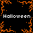 Black background with orange pixelated border and central starburst, white text "Halloween" repeated four times.