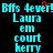 Pixelated cyan text on black background with red 'Q' symbol, repeated in two identical showing "Bffs 4ever! Laura em court kerry"