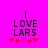 Bright pink background with black text "I LOVE LARS" and five red heart symbols below, showing animation where the middle heart changes color.