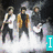 Four- of a band with three members, showing different poses and backgrounds including stage lighting and text overlays