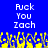 Blue background with white pixelated text reading "Fuck You Zach" repeated twice, yellow and blue pixelated shapes at the bottom.