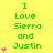 Yellow background with green text "I Love Sierra and Justin" and pink heart symbols in varying quantities across three