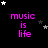 Black background with pink text 'music is life' and scattered white and gray stars in a