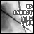 A 4x4 contact sheet of a black-and-white animated icon showing the text "UP AGAINST THE HALL" with subtle frame-to-frame variations in background blur and small red dots appearing at different corners.