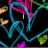 Animated icon with neon blue, pink, and green lines forming heart shapes on black background; text changes from 'i' to 'love you!' across frames.
