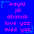 Blue background with pink text reading 'kayla jill abanob love yaz miss yaz' and small cyan stars, repeated in a pattern