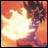 Pixelated anime character with dark hair and purple clothing emits bright orange-yellow flame from mouth against warm gradient background.
