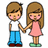 Pixel art of two cartoon figures holding hands, a boy in white shirt and blue pants, a girl in pink dress, on a white background with yellow and gray sections.
