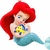 A mermaid with red hair and a blue tail holds a yellow starfish, her expression shifts from neutral to smiling as text below changes sequentially.