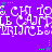 Purple background with repeating white text and green star-like shapes in a pixelated pattern.