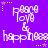 Purple background with repeated white text 'peace love & happiness' and yellow star accents in a pattern