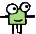Green pixelated character with large white eyes and black pupils, smiling face, multiple poses showing arm and leg movements against gray background.