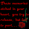 Red text on black background repeats 'These memories etched in your heart, you try to release, but fail to part...' with red roses and green stems in a pattern