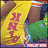 Pixelated static image with yellow background, pink text characters, and green-and-blue figure on right side.