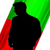 Black silhouette of a standing figure against a green and red background with pixelated edges.