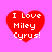 Four red heart-shaped icons with white text "I Love Miley Cyrus!" on a pink background, arranged in a