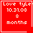 Red square icon with white pixelated text displaying 'Love tyLe', date '10.31.03', number '8', and word 'months' across four , each containing a distinct small symbol in the corner