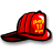Pixelated red firefighter helmet with yellow emblem on side, black outline, and subtle shadow effect against white background.