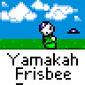 Animated contact sheet of a pixel art character performing frisbee actions across 24 frames with consistent background and text overlay.