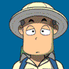 Animated cartoon character in safari hat and light shirt with blue straps, showing multiple facial expressions and hand gestures against solid blue background.