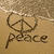 A static image shows a peace symbol drawn in sand above the word 'peace', with footprints on a beach and 'Summer 09' text below.