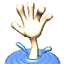 A hand emerges from blue water with ripples, transitioning through four distinct poses showing finger and wrist movements.