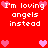 Red background with white pixelated text reading "I'm loving angels instead" and pink heart symbols scattered throughout.