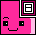 Pixelated pink character with black square eyes and a smiling mouth, two versions of the same icon side-by-side showing different frame states.