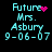 Pixelated cyan text reads 'Future Mrs. Asbury 9-06-07' with a pink heart symbol on the top-left and scattered pink dots in other positions