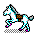 Pixelated horse with white and cyan body, brown saddle, and purple hooves in six sequential poses on gray background.