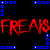 A 3x3 contact sheet of a pixel art animation featuring red text "FREAKS" on black background with blue grid elements, showing frame-by-frame changes in the lower-left corner.