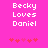 Pixelated text 'Becky Loves Daniel' in white on bright pink background with five red hearts below, two versions of the same design side-by-side.