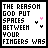 Pixel art of text with changing letters and heart symbols, displaying phrases about spaces between fingers