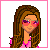 Pixel art of a woman with long brown hair and pink sunglasses, wearing a pink top and white pants with pink stripes, with text reading "Pretty in PINK" in various configurations.