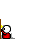 Pixelated character in red clothing stands by a brown pole, with speech bubbles displaying sequential text and a final question about a bathroom.