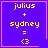 Four identical purple square with pink borders display yellow text 'julius + sydney = <3' and a heart symbol in the top-right