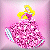A pixelated cartoon princess with long yellow hair in a pink dress with white sparkles, standing against a pink background.