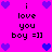 Pixelated icon with bright pink background, blue hearts at corners and center, black text reading 'i love you boy =]]' in two