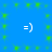 =) smiley face icon on blue background with green pixelated patterns, animated as a static image