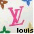 Pixelated pink 'LV' monogram with green foliage and brown/blue shapes above, transitioning from 'louis' text to 'vuitton' text below.