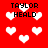 Red background with white pixelated hearts and repeated black text "TAYLOR HEALD" in a pattern