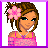 Pixel art contact sheet of a female character with brown hair and pink flower accessory across three frames showing text changes on purple backgrounds.
