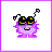 Pixelated purple creature with yellow-lensed black goggles, smiling face, and two antennae in three distinct poses.