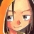 Pixelated close-up of a character with light skin, dark eyes, and long dark hair against an orange background.