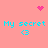Pink background with cyan text 'My secret' and '<3', pink heart, and two types of pink dot clusters in a