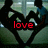 Pixelated image of a character with dark hair and green eyes, overlaid by red text reading 'love' on a black background.