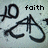 Pixelated icon with black stylized text and symbols on a light gray background, featuring the word 'faith' in lowercase letters.